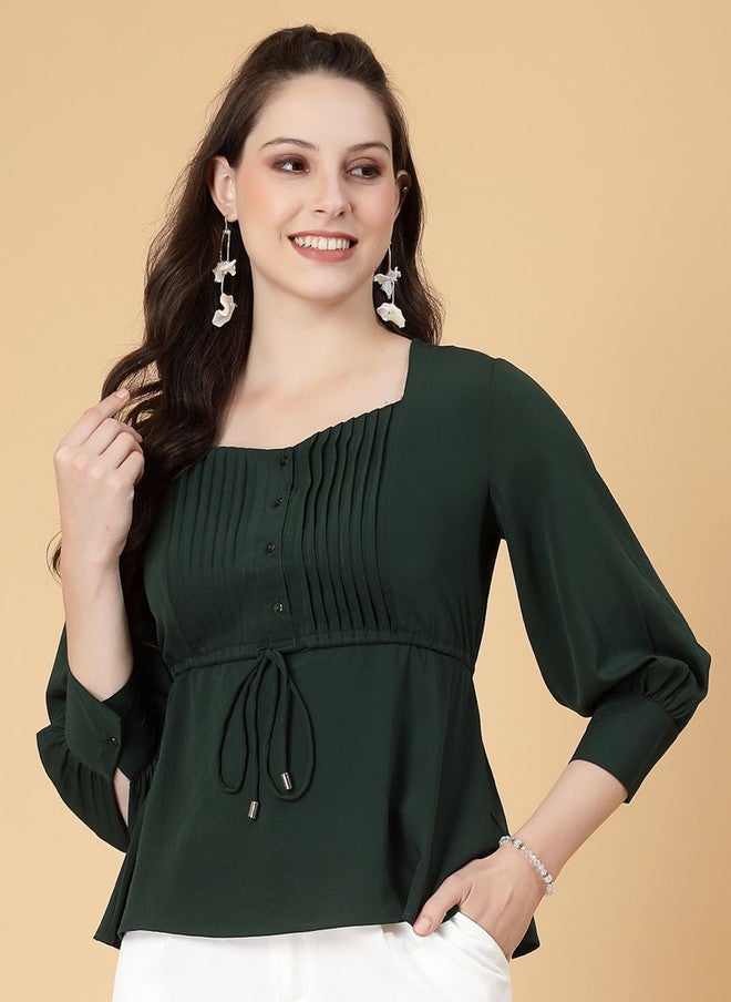 RAASSIO بلوزة خضراء سادة بأكمام مكفوفة للنساء - Image 2