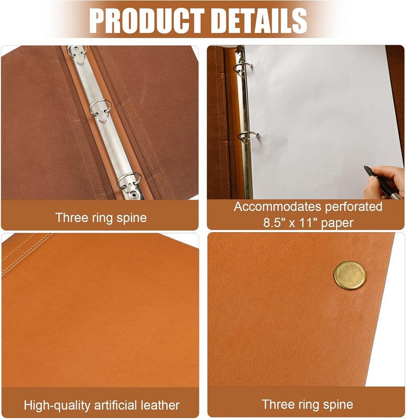 Teling Leather 3 Ring Binder Holds 8.5 x 11 Inch Paper Binder Organizer Vintage Faux Leather Binder Portfolio Folder Planner Binder for Office Home Document Photo Diary Supplies(Antique Brown) - Image 3