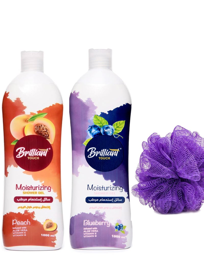Brilliant Brilliant Touch Shower Gel with Moisturizing and Peach Scent +Brilliant Touch Shower Gel Branberry Scent 2000ml+ Bath Loofah Multi Color 