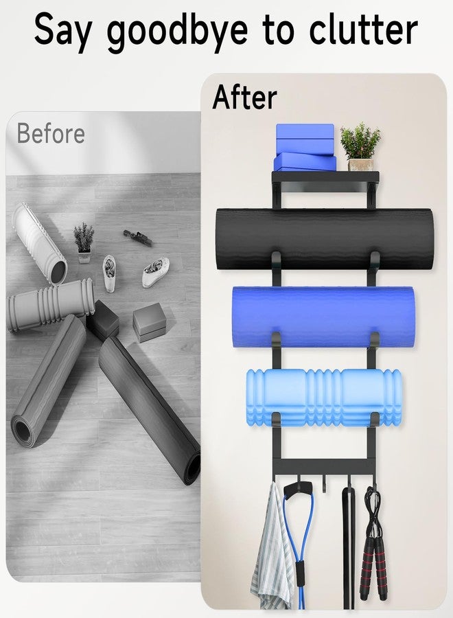 LSK Yoga Mat Holder Wall Mount, Black Yoga Mats Storage Rack, Home Gym Storage with Metal Floating Shelf for Storing Fitness, Yoga Mat Rack with 5 Hooks for Hanging Foam Rollers and Resistance Bands - Image 5