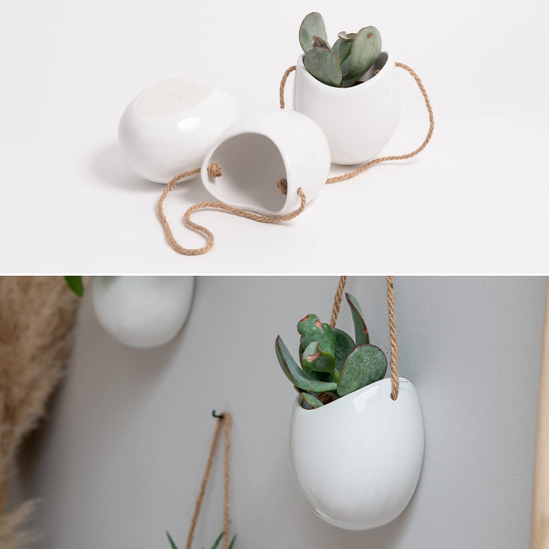 Kazai. Wall Planters -Ellie- | Hanging Ceramic Plant Pots 3 Pieces | Wall Decoration for Indoors, Balcony and Garden | White (Glossy) - Image 3