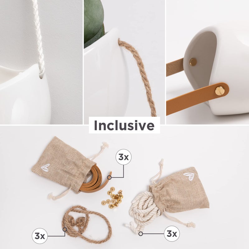 Kazai. Wall Planters -Ellie- | Hanging Ceramic Plant Pots 3 Pieces | Wall Decoration for Indoors, Balcony and Garden | White (Glossy) - Image 2