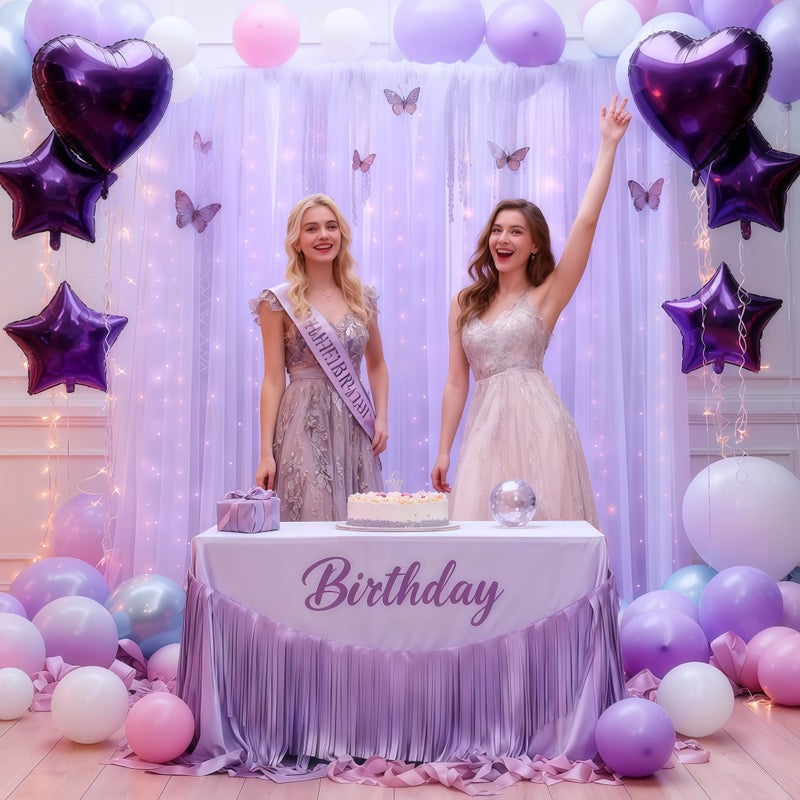 Shillance 10ft x 10ft Purple Backdrop Curtain with Lights String for Parties, Sheer Tulle Wedding Photo Backdrops Drapes for Purple Birthday Party Decorations Background for Photography - Image 2