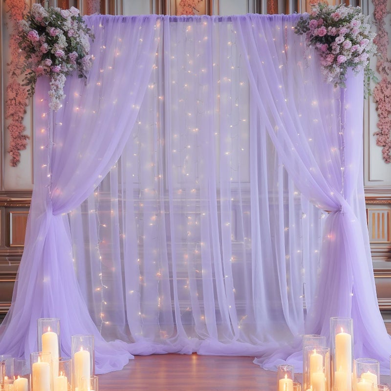 Shillance 10ft x 10ft Purple Backdrop Curtain with Lights String for Parties, Sheer Tulle Wedding Photo Backdrops Drapes for Purple Birthday Party Decorations Background for Photography - Image 3