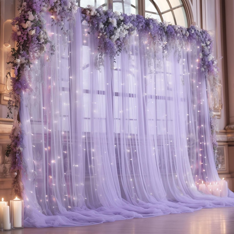 Shillance 10ft x 10ft Purple Backdrop Curtain with Lights String for Parties, Sheer Tulle Wedding Photo Backdrops Drapes for Purple Birthday Party Decorations Background for Photography - Image 1