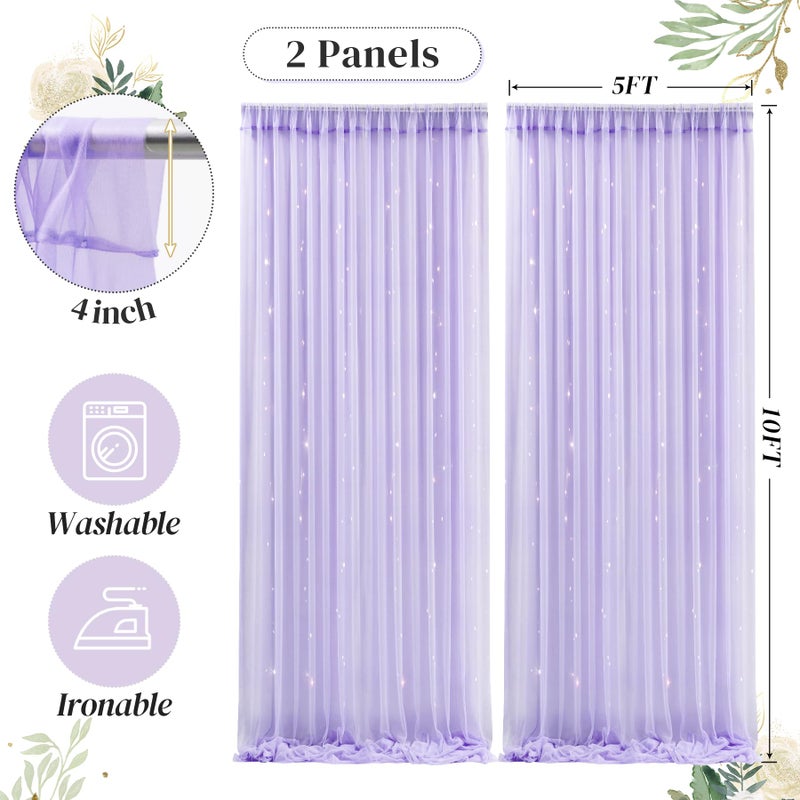 Shillance 10ft x 10ft Purple Backdrop Curtain with Lights String for Parties, Sheer Tulle Wedding Photo Backdrops Drapes for Purple Birthday Party Decorations Background for Photography - Image 5