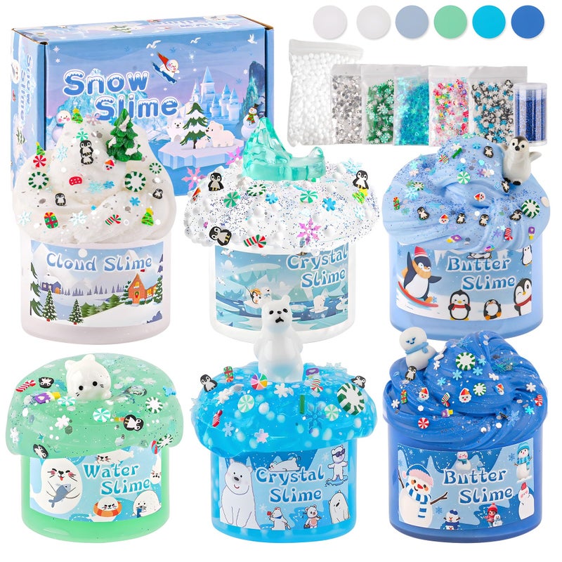 LAWOHO 6 Packs Snow Slime Kit - Butter, Clear, Water, Cloud Slimes, Fluffy Slime Making Kit for Kids with Cute Charms & Add-ins, Blue Kids Slimes Kits for Girls & Boys Birthday Christmas Easter Gifts - Image 1
