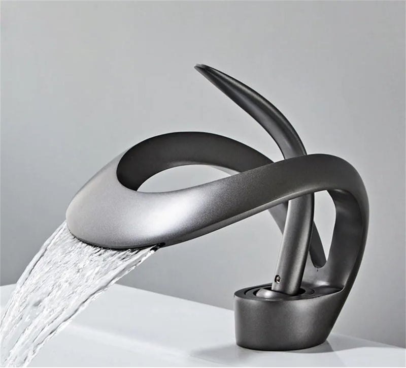 JUMIX Brass Chrome Finish Hot Cold Single Lever Basin Mixer Full Copper Waterfall Spout Bathroom Sink Faucet Matte Grey - Image 1
