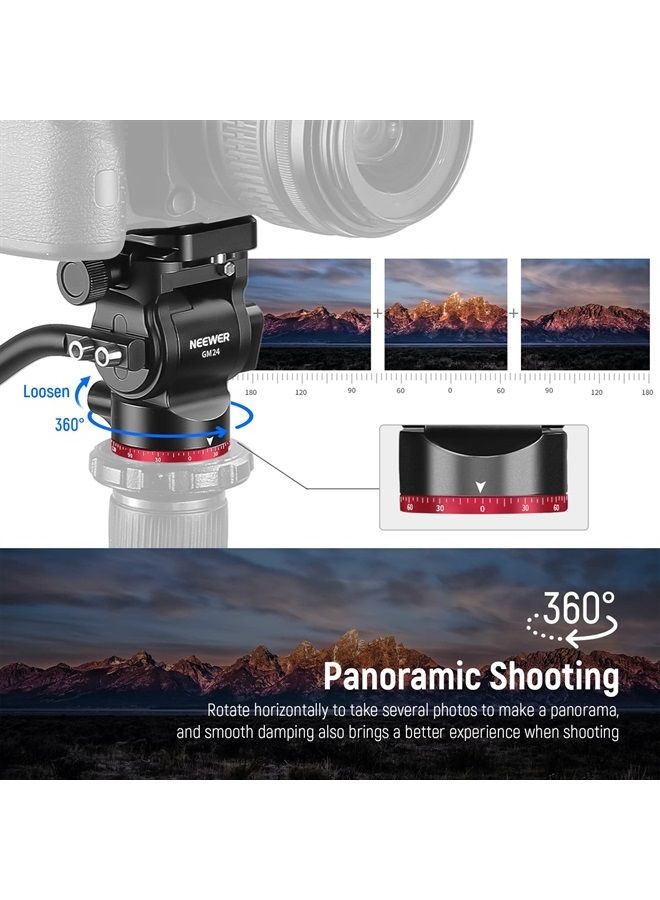 NEEWER Tripod Fluid Head Pan Tilt Head with Quick Release Plate and Handle, Metal Camera Tripod Head Compatible with Arca Swiss for Compact Video Cameras DSLR Cameras, Load up to 6.6lb/3kg, GM24