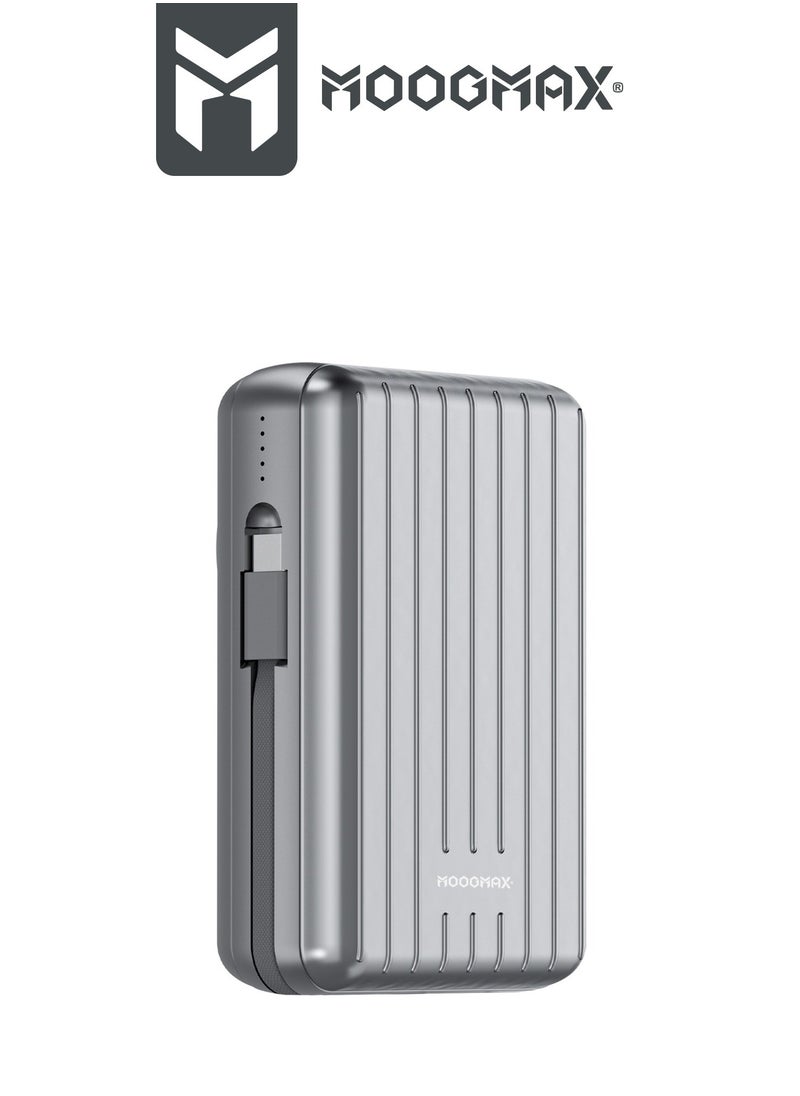 MOOGMAX - 20000mAh Trunk series magnetic wireless power bank  22.5W super-charging, two built-in cables with 15W wireless charging, 3 external ports 1 Type-C and 1 Type-A, and a Lightning port. Silver - Image 1