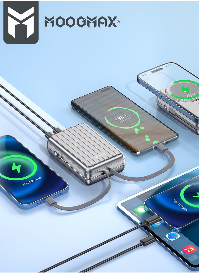 MOOGMAX - 20000mAh Trunk series magnetic wireless power bank  22.5W super-charging, two built-in cables with 15W wireless charging, 3 external ports 1 Type-C and 1 Type-A, and a Lightning port. Silver - Image 1