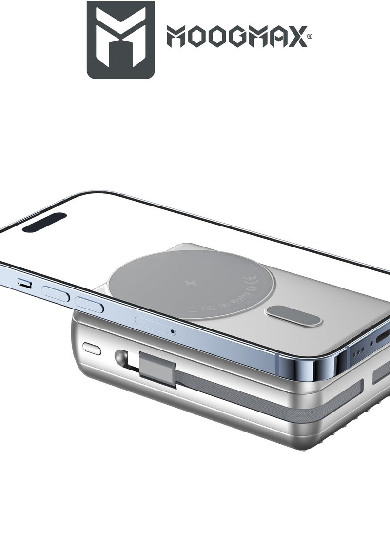 MOOGMAX - 20000mAh Trunk series magnetic wireless power bank  22.5W super-charging, two built-in cables with 15W wireless charging, 3 external ports 1 Type-C and 1 Type-A, and a Lightning port. Silver - Image 1