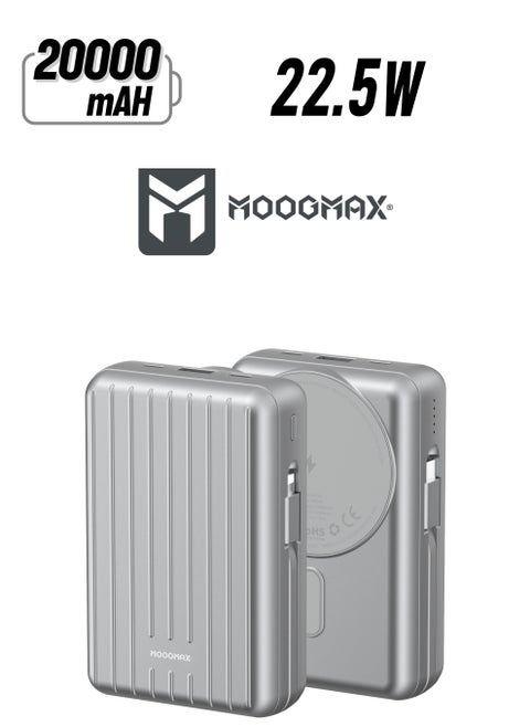 20000mAh Trunk series magnetic wireless power bank  22.5W super-charging, two built-in cables with 15W wireless charging, 3 external ports 1 Type-C and 1 Type-A, and a Lightning port. Silver