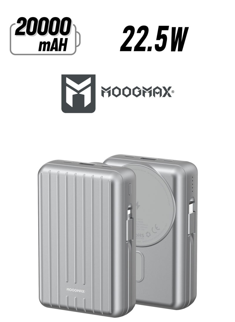 MOOGMAX - 20000mAh Trunk series magnetic wireless power bank  22.5W super-charging, two built-in cables with 15W wireless charging, 3 external ports 1 Type-C and 1 Type-A, and a Lightning port. Silver - Image 1