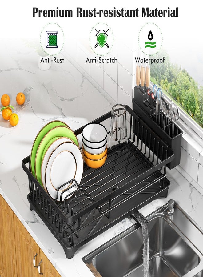 Kmiectse Dish Drying Rack - Space-Saving Small Dish Rack for Kitchen Counter, Rust-Resistant Kitchen Drying Rack, Compact Dish Drainer Organizer with Utensil Holder for Home Kitchen, Black - Image 4