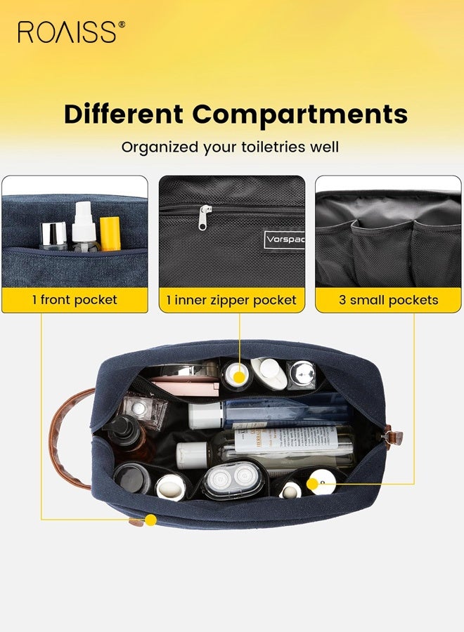 roaiss Unisex Vintage Toiletry Bag, Multi-Compartment Zippered Portable Waterproof Cosmetic Case, Large Capacity Storage Bag with Handle and Hanging Option, Leather-Bottomed Sturdy Travel Organizer, Blue - Image 3