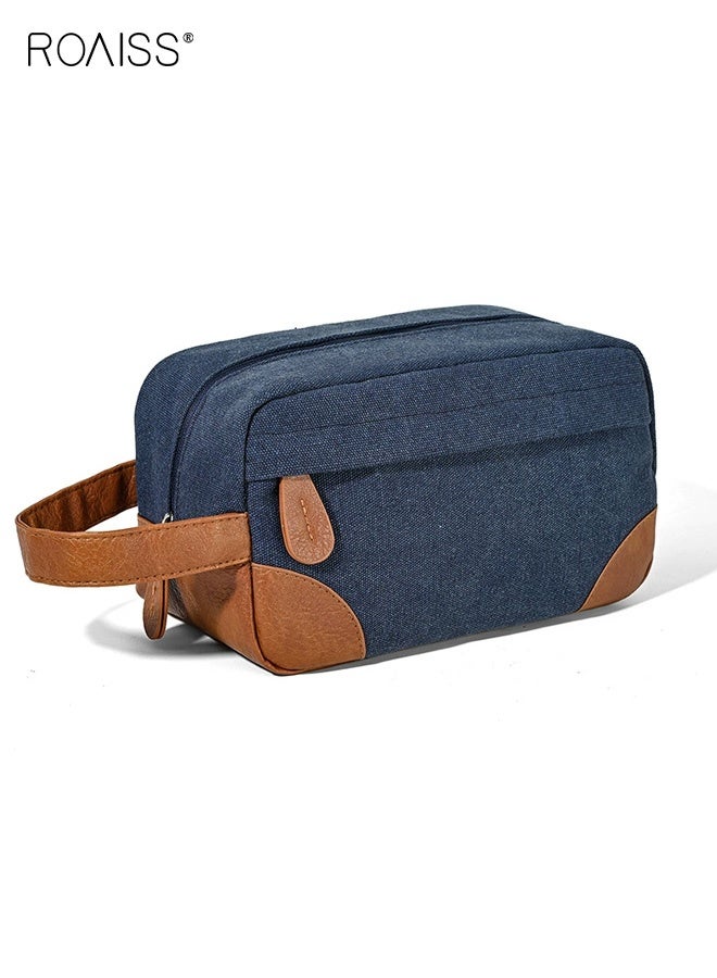roaiss Unisex Vintage Toiletry Bag, Multi-Compartment Zippered Portable Waterproof Cosmetic Case, Large Capacity Storage Bag with Handle and Hanging Option, Leather-Bottomed Sturdy Travel Organizer, Blue - Image 1