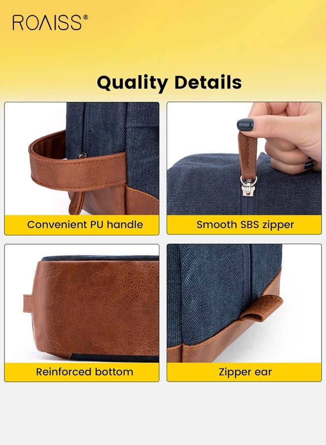 roaiss Unisex Vintage Toiletry Bag, Multi-Compartment Zippered Portable Waterproof Cosmetic Case, Large Capacity Storage Bag with Handle and Hanging Option, Leather-Bottomed Sturdy Travel Organizer, Blue - Image 2