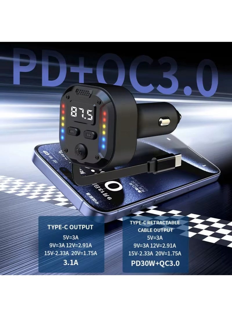 شاحن هاتف سريع PD30W QC3.0 مع ضوء RGB قابل للسحب بمخرج مزدوج من النوع C وجهاز إرسال FM وبلوتوث وموسيقى بدون فقدان اليدين - Image 2