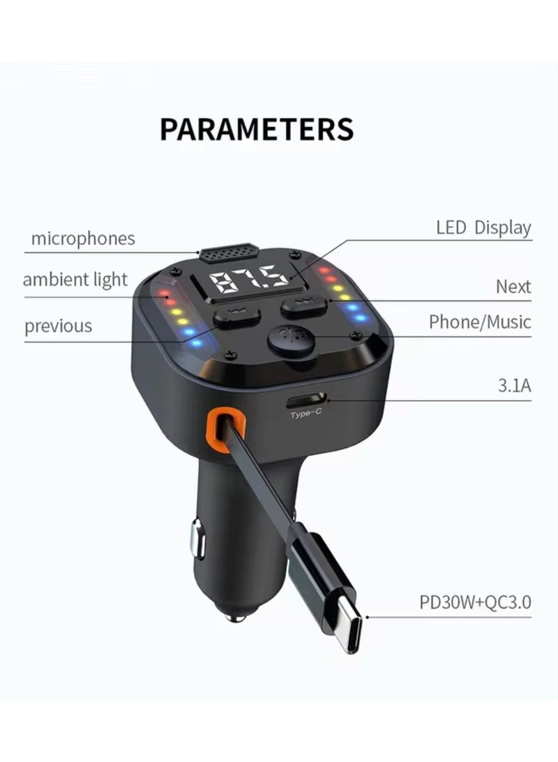 شاحن هاتف سريع PD30W QC3.0 مع ضوء RGB قابل للسحب بمخرج مزدوج من النوع C وجهاز إرسال FM وبلوتوث وموسيقى بدون فقدان اليدين - Image 3