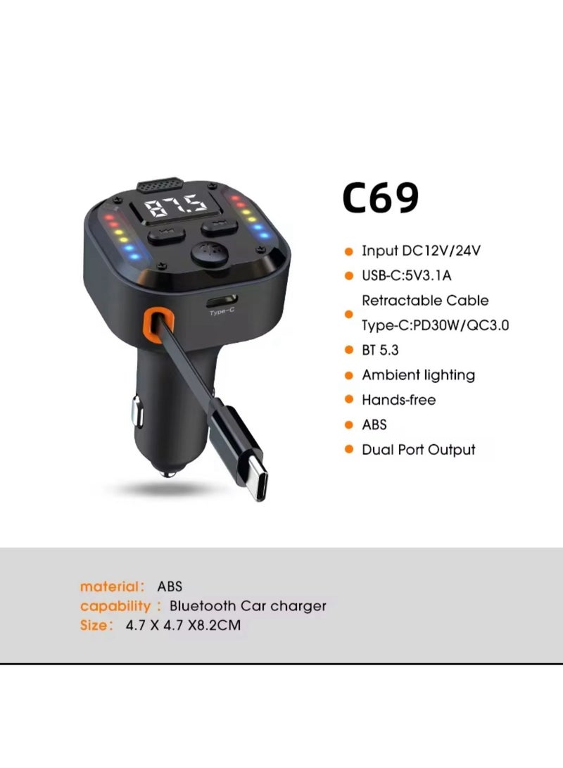 شاحن هاتف سريع PD30W QC3.0 مع ضوء RGB قابل للسحب بمخرج مزدوج من النوع C وجهاز إرسال FM وبلوتوث وموسيقى بدون فقدان اليدين - Image 4