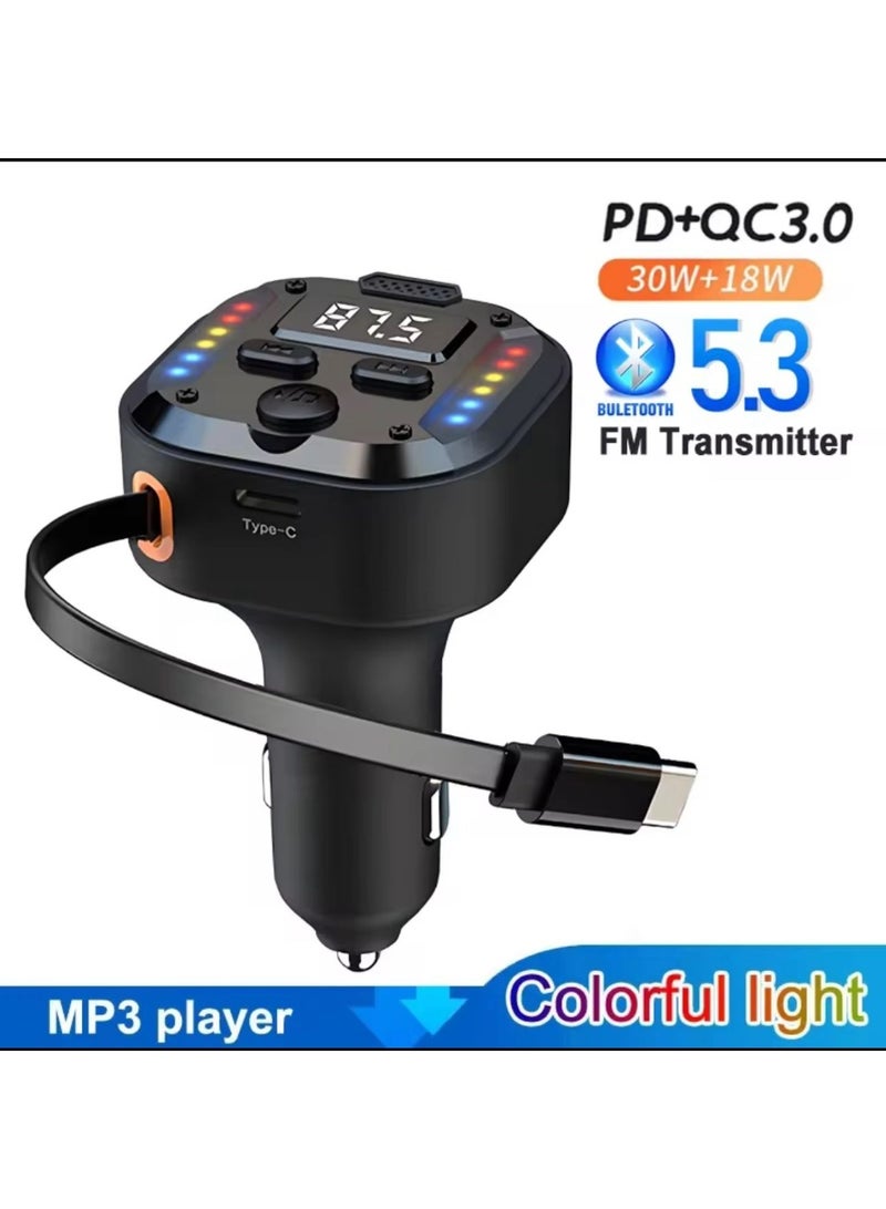 شاحن هاتف سريع PD30W QC3.0 مع ضوء RGB قابل للسحب بمخرج مزدوج من النوع C وجهاز إرسال FM وبلوتوث وموسيقى بدون فقدان اليدين - Image 1