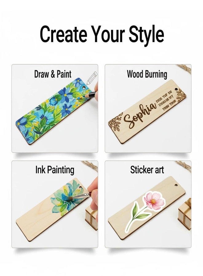 WHTCHSU Wood Blank Bookmarks DIY Wooden Craft Bookmark Unfinished Wood Hanging Tags Rectangle Shape Blank Bookmark Ornaments with Holes and Ropes for Christmas DIY Wedding Birthday Party Decor (20) - Image 3