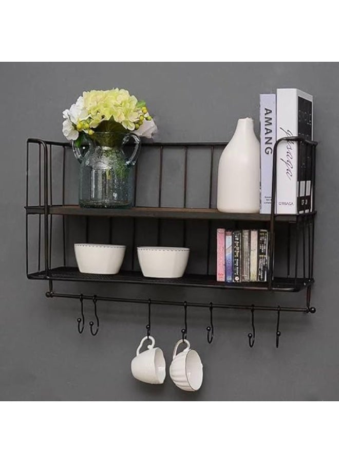 رف مطبخ كبير مزود برفين خشب قوي و 5 علاقات وفواطة  منظم عملي وقطعة ديكور أنيقة للمطبخ - Image 3