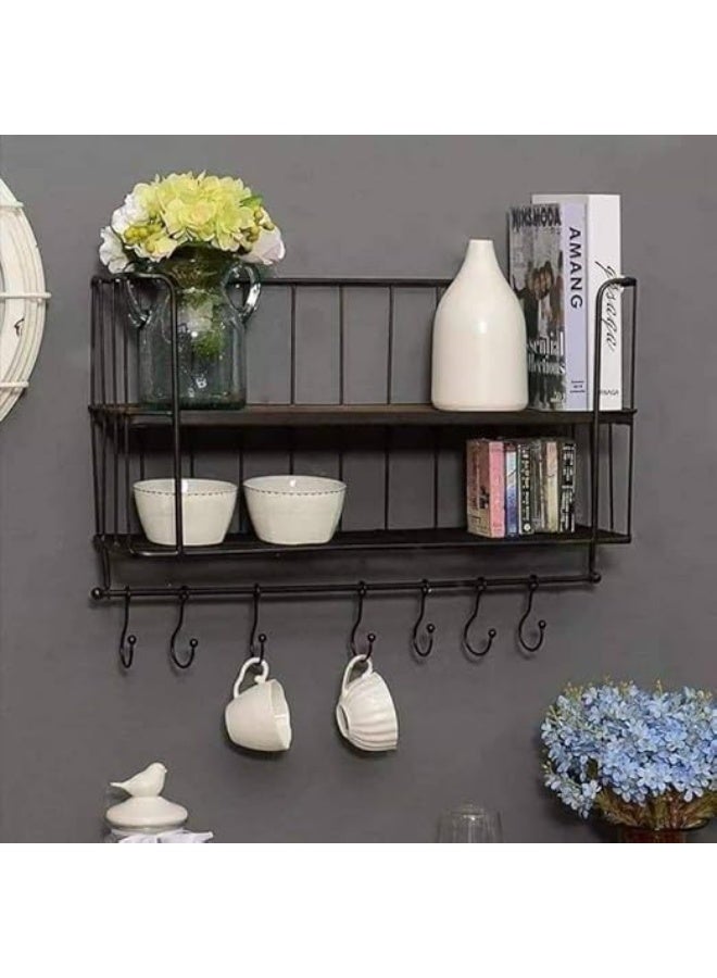 رف مطبخ كبير مزود برفين خشب قوي و 5 علاقات وفواطة  منظم عملي وقطعة ديكور أنيقة للمطبخ - Image 2