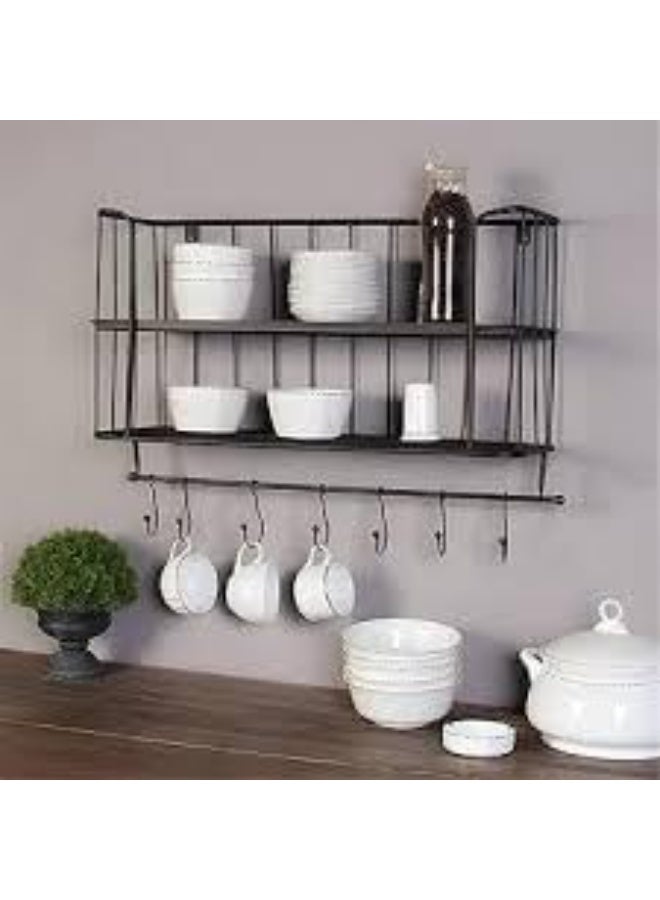 رف مطبخ كبير مزود برفين خشب قوي و 5 علاقات وفواطة  منظم عملي وقطعة ديكور أنيقة للمطبخ - Image 1