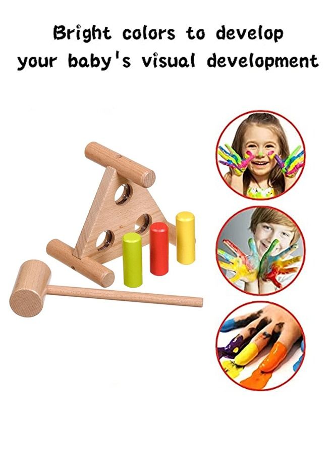 بيبي لعبة مقعد خشبية مطرقة من Baybee للأطفال مثلثة الشكل بألوان قوس قزح المطرقة مع 1 مطرقة و 3 أوتاد لفرز الألوان لعبة تعليمية للأطفال الصغار من عمر سنة واحدة للأولاد والبنات - Image 5