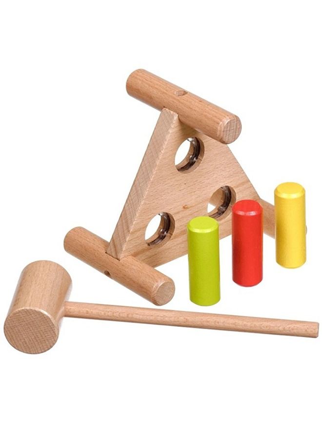 بيبي لعبة مقعد خشبية مطرقة من Baybee للأطفال مثلثة الشكل بألوان قوس قزح المطرقة مع 1 مطرقة و 3 أوتاد لفرز الألوان لعبة تعليمية للأطفال الصغار من عمر سنة واحدة للأولاد والبنات - Image 2