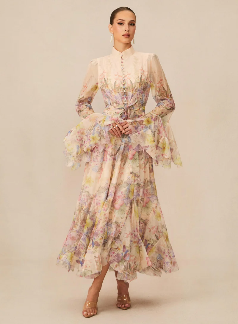 Sunfere Apricot Alessia Floral Print Ruffle Cuff Maxi Dress for Women | Best Price UAE