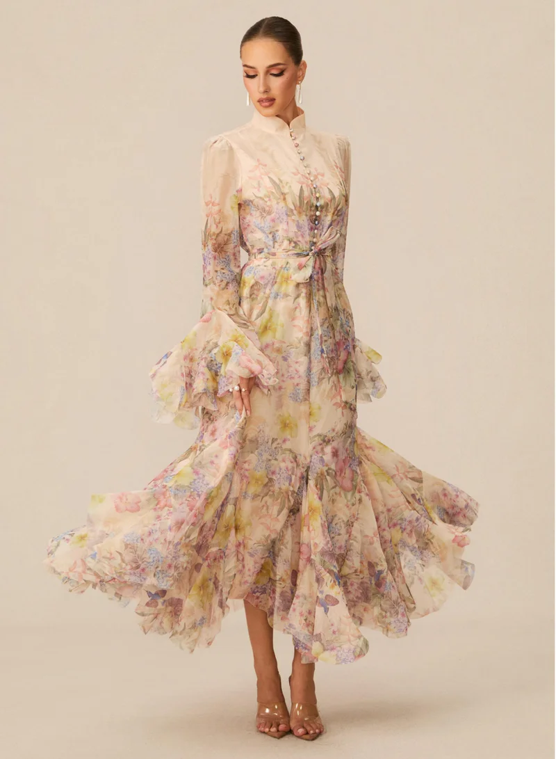 Sunfere Apricot Alessia Floral Print Ruffle Cuff Maxi Dress for Women | Best Price UAE