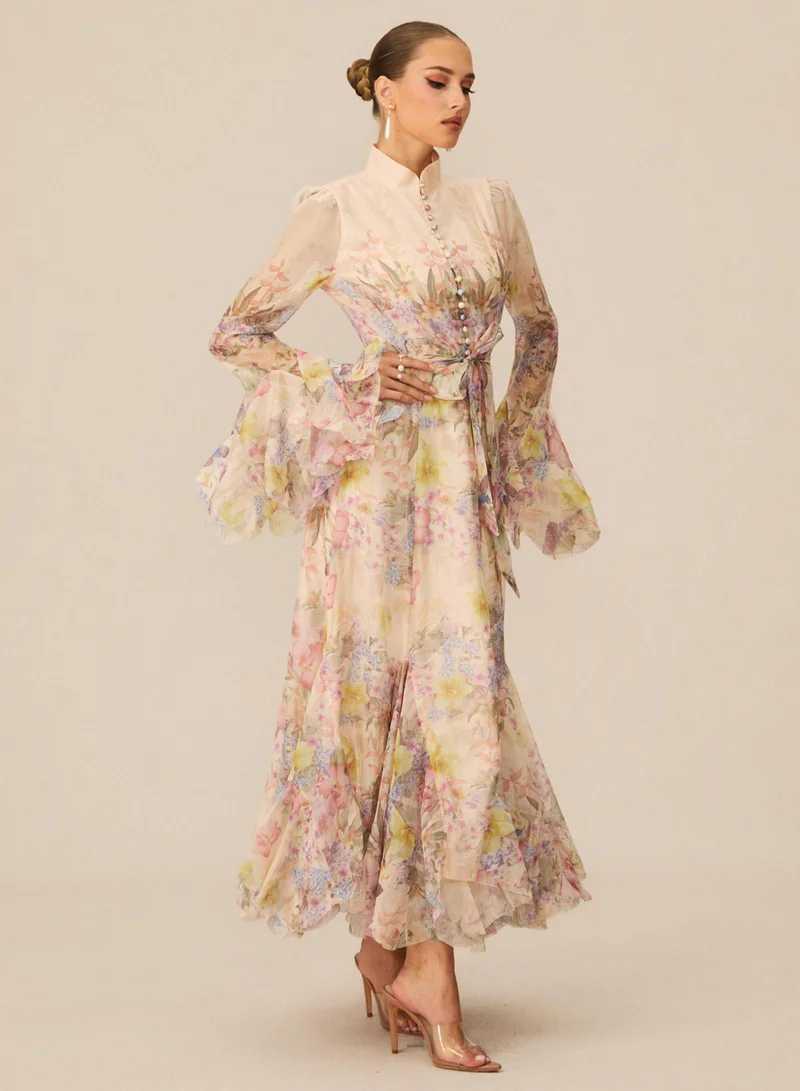 Sunfere Apricot Alessia Floral Print Ruffle Cuff Maxi Dress for Women | Best Price UAE