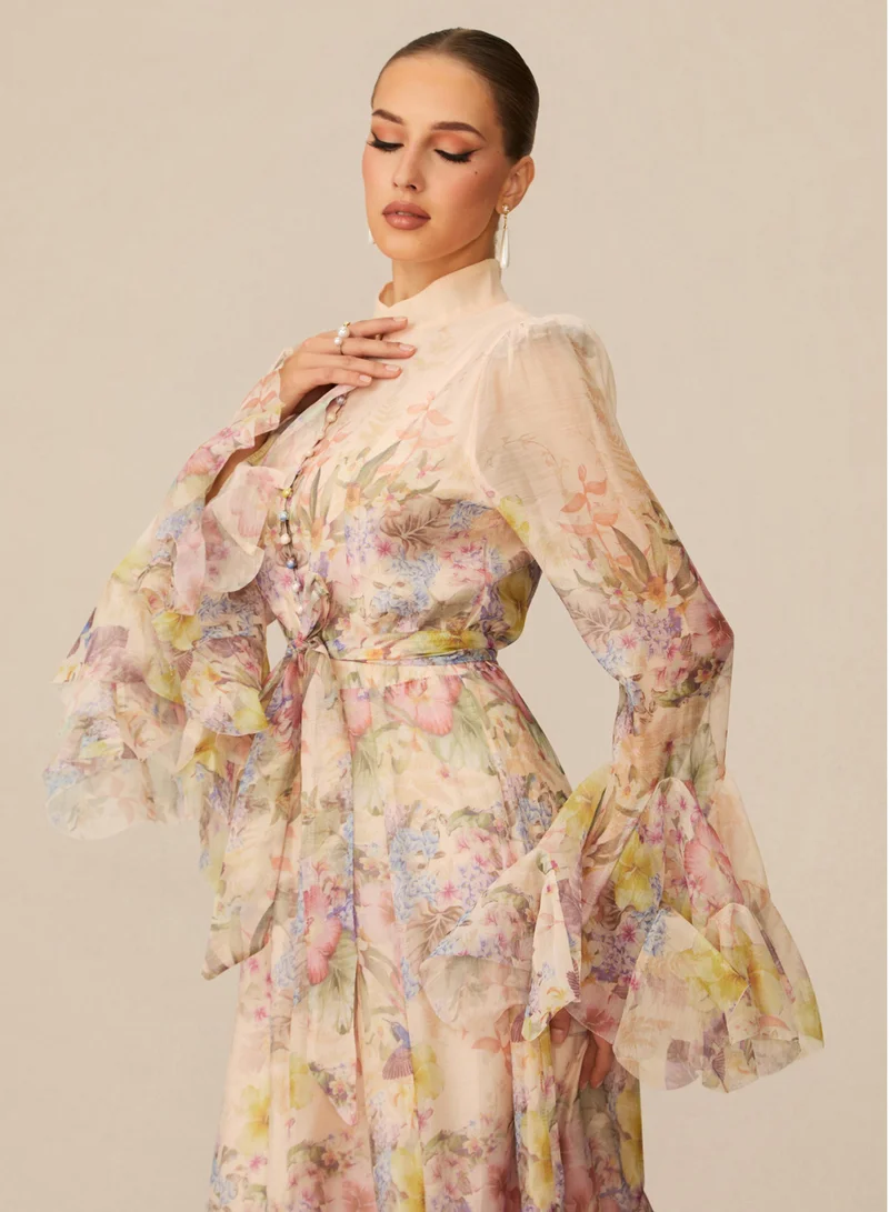 Sunfere Apricot Alessia Floral Print Ruffle Cuff Maxi Dress for Women | Best Price UAE