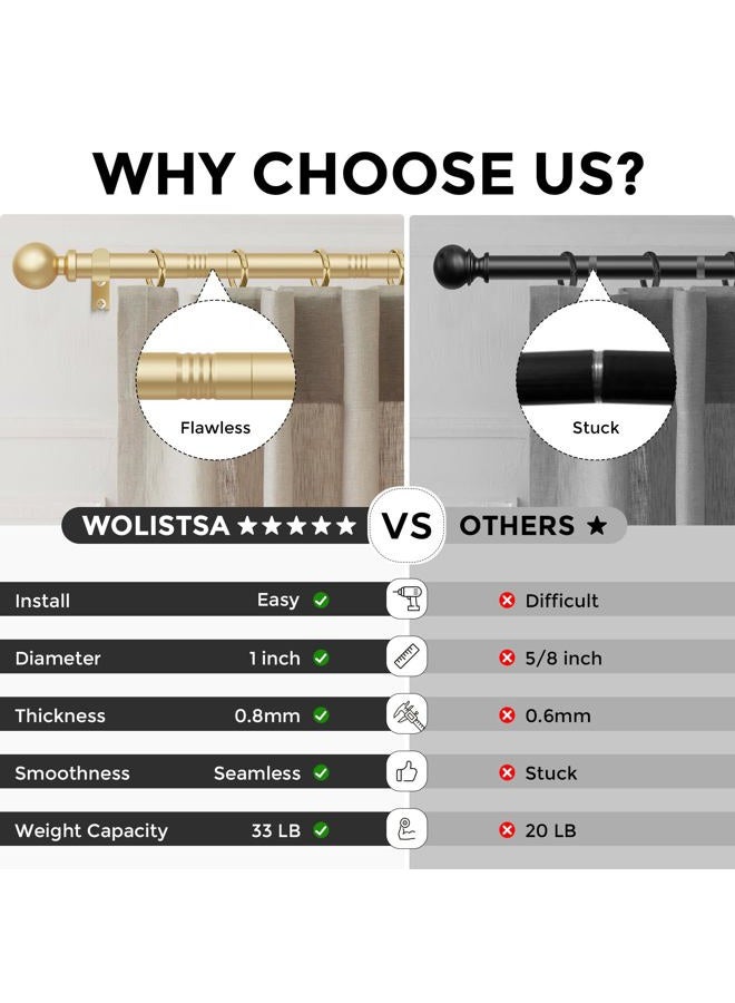 Wolistsa Gold Long Curtain Rods for Windows 66 to 120 Inch, Adjustable Heavy Duty 1" Diameter Decorative Curtain Rod with Gold Round Finials, Modern Easy Install Extendable Metal Drapery Pole Set - Image 4