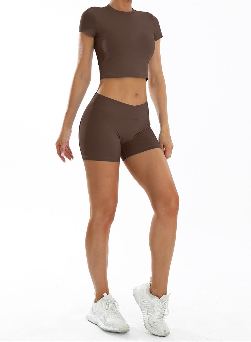 general Yoga Outfits for Women 2 Piece Set Tracksuit Short Sleeve Crop Top Push Up Shorts Sportswear  - Image 2