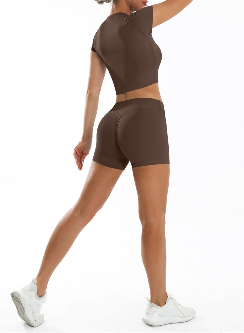 general Yoga Outfits for Women 2 Piece Set Tracksuit Short Sleeve Crop Top Push Up Shorts Sportswear  - Image 3