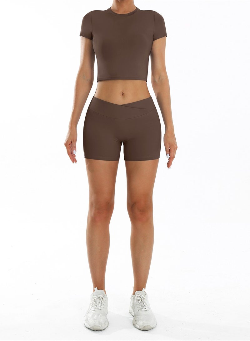 general Yoga Outfits for Women 2 Piece Set Tracksuit Short Sleeve Crop Top Push Up Shorts Sportswear  - Image 1