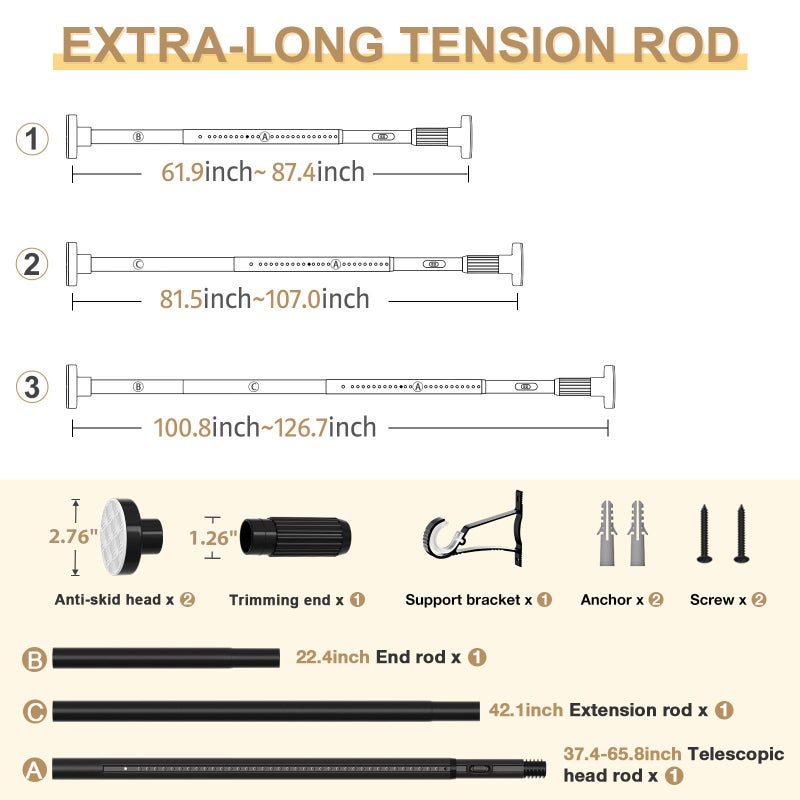 ZipGlo Black Tension Curtain Rod 41-126 In(4-10Ft), Long Curtain Rod No Drilling for Window or Bathroom,Outdoor Tension Rods for Patio, Heavy Duty Shower Rod,Rod Diameter 1.26In-One-bond stretching - Image 2