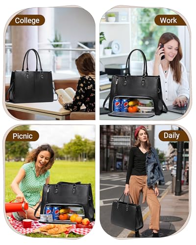 BAVERGE Laptop Tote Bag with Insulated Lunch Compartment for Women Work, PU Leather Lunch Bag with 15.6 Inch Computer Compartment - Image 2
