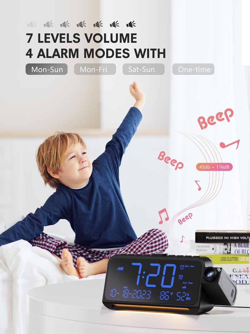 Mesqool Projection Alarm Clock for Bedroom Ceiling, Digital Clock Projector with Weekday/Weekend Mode, Date, Temperature, Humidity, Type-C USB Charger, Snooze, Dual Alarms, Dimmer,12/24H - Image 5