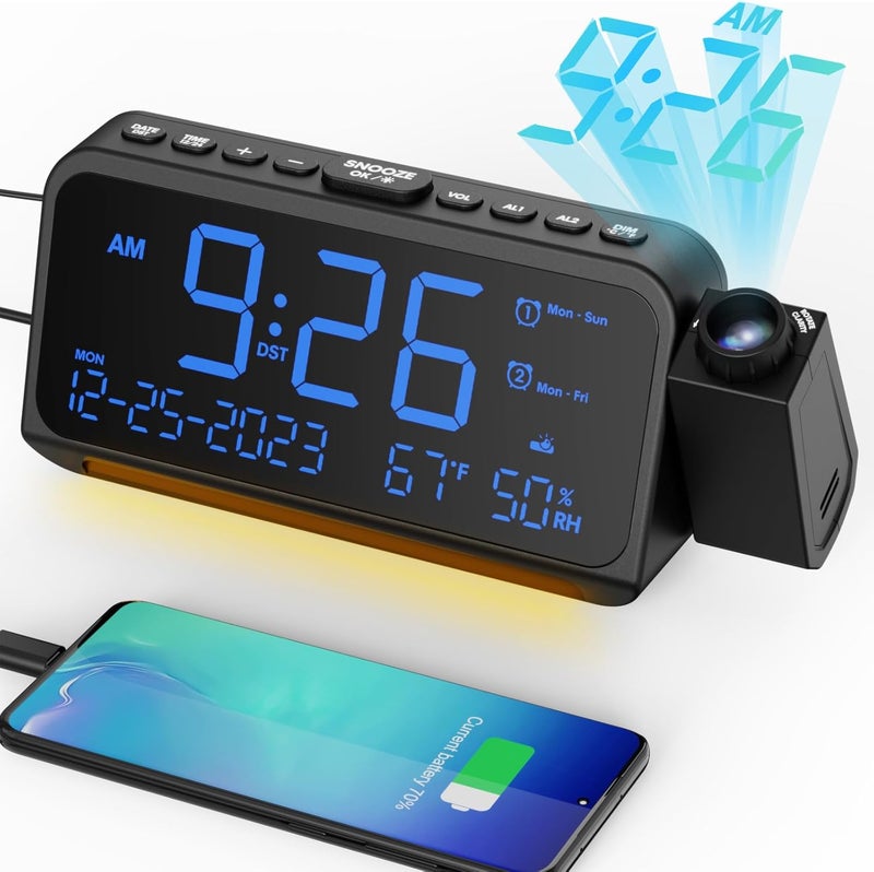 Mesqool Projection Alarm Clock for Bedroom Ceiling, Digital Clock Projector with Weekday/Weekend Mode, Date, Temperature, Humidity, Type-C USB Charger, Snooze, Dual Alarms, Dimmer,12/24H - Image 1
