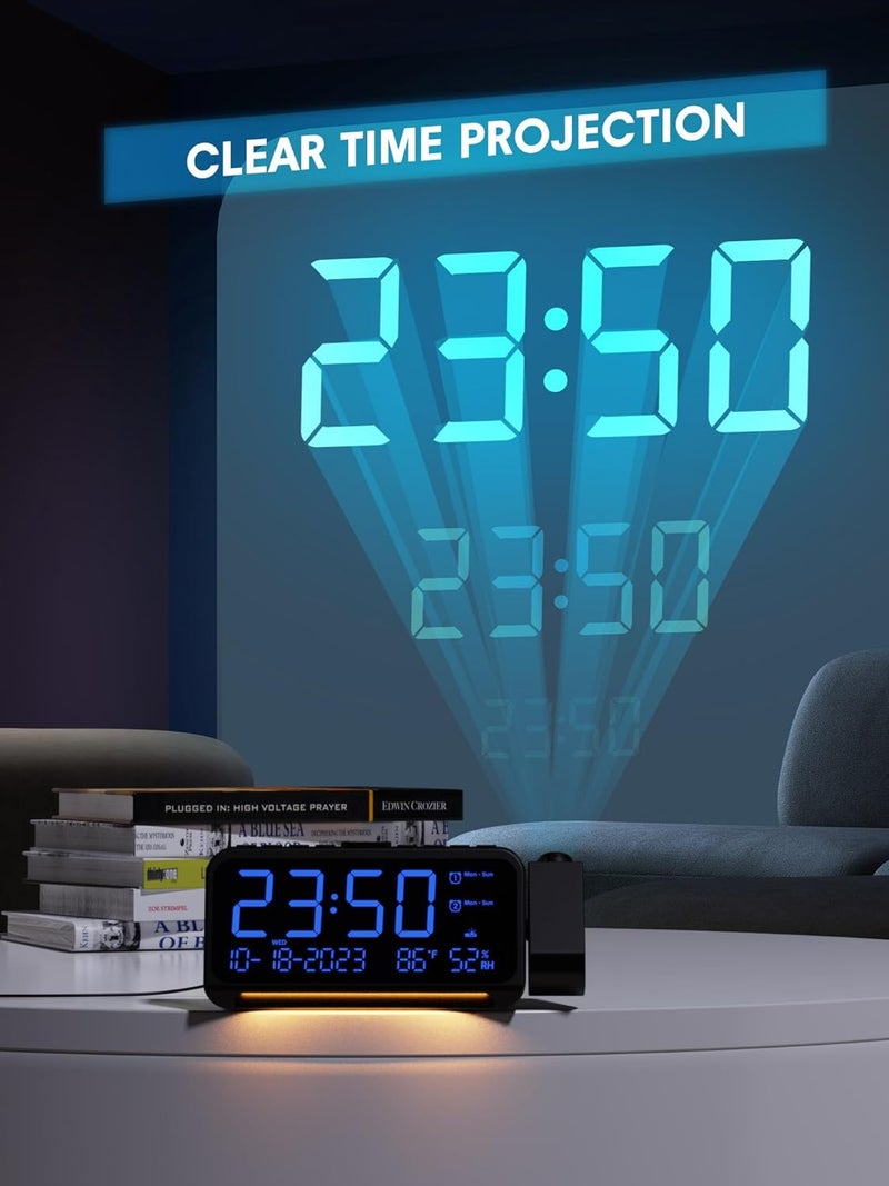 Mesqool Projection Alarm Clock for Bedroom Ceiling, Digital Clock Projector with Weekday/Weekend Mode, Date, Temperature, Humidity, Type-C USB Charger, Snooze, Dual Alarms, Dimmer,12/24H - Image 3