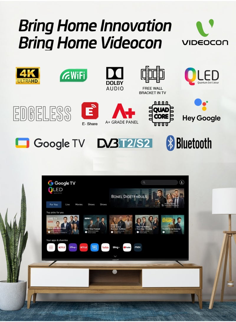 Videocon 65 Inch QLED 4K UHD Smart TV | Edgeless Display | Google TV with Google Assistant Remote | Bluetooth & Chromecast Built-in | Dolby Audio | Quad-Core Processor | Free Wall Bracket – E65QLGT1100 E65QLGT1100 Black - Image 4
