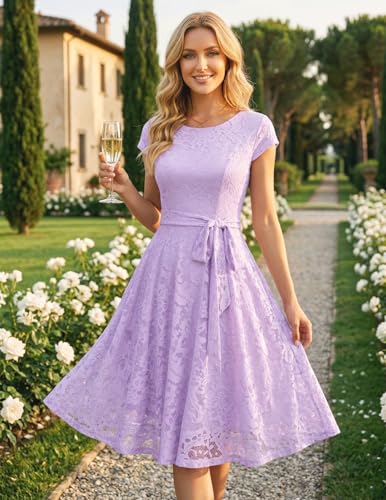 MUADRESS Women Cap-Sleeve Lace Floral Elegant Cocktail Dress Crew Neck Knee Length Bridesmaid Prom Dresses for Party Lavender XL - Image 5