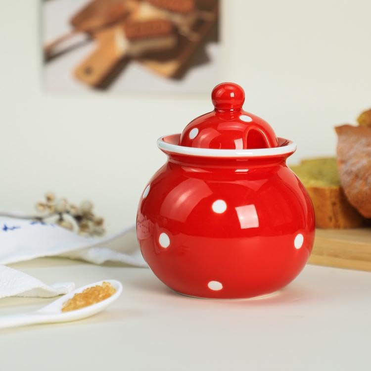 123Arts Ceramics Dot Sugar Salt Pepper Storage Jar Seasoning Pot with Lid And Spoon - Image 3