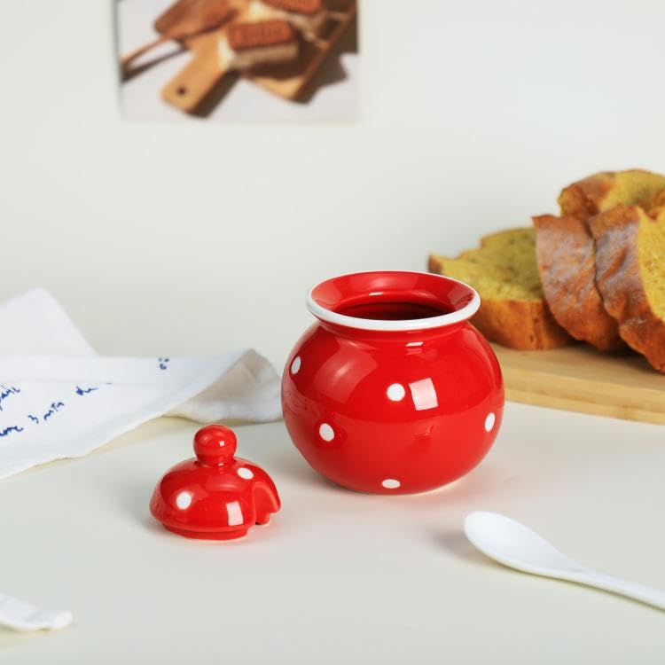 123Arts Ceramics Dot Sugar Salt Pepper Storage Jar Seasoning Pot with Lid And Spoon - Image 4