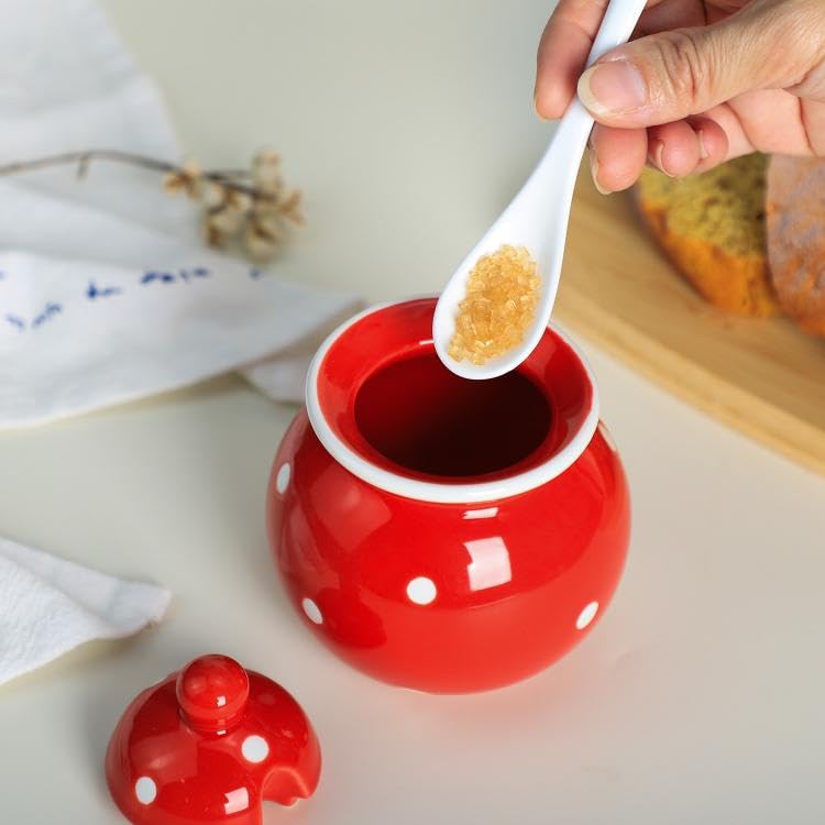 123Arts Ceramics Dot Sugar Salt Pepper Storage Jar Seasoning Pot with Lid And Spoon - Image 5